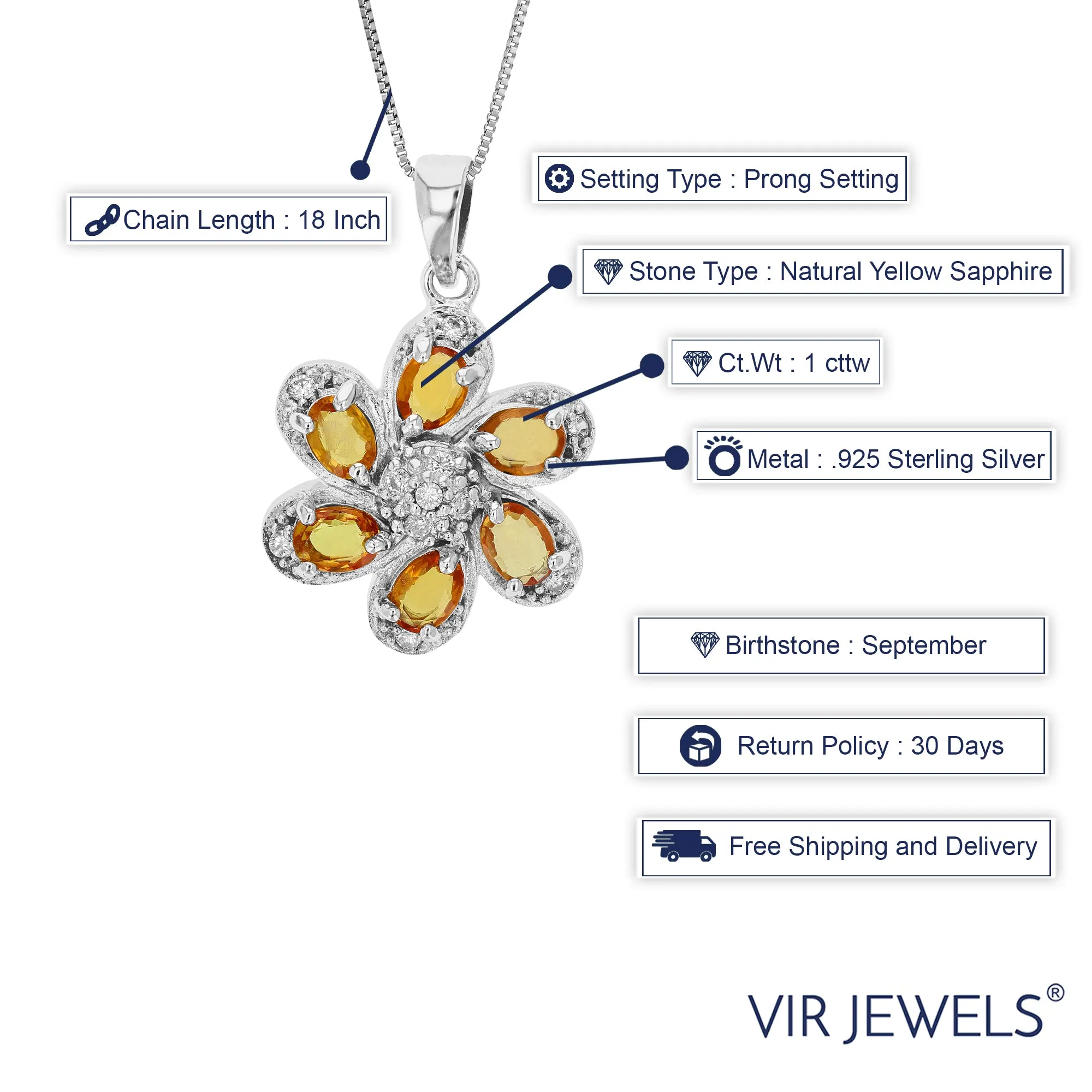 1 cttw Pendant Necklace, Yellow Sapphire Pendant Necklace for Women in .925 Sterling Silver, 18 Inch Chain, Prong Setting