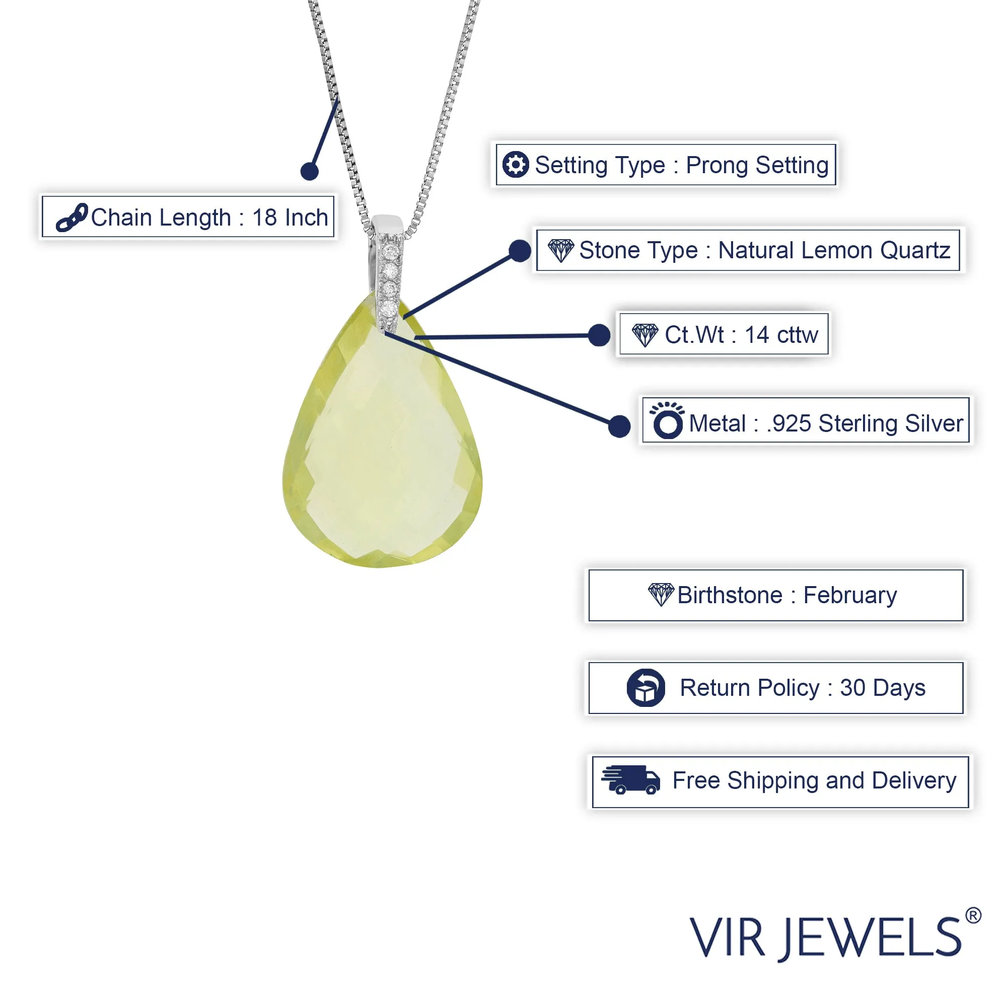 14 cttw Pendant Necklace, Lemon Quartz Pendant Necklace for Women in .925 Sterling Silver with 18 Inch Chain, Prong Setting