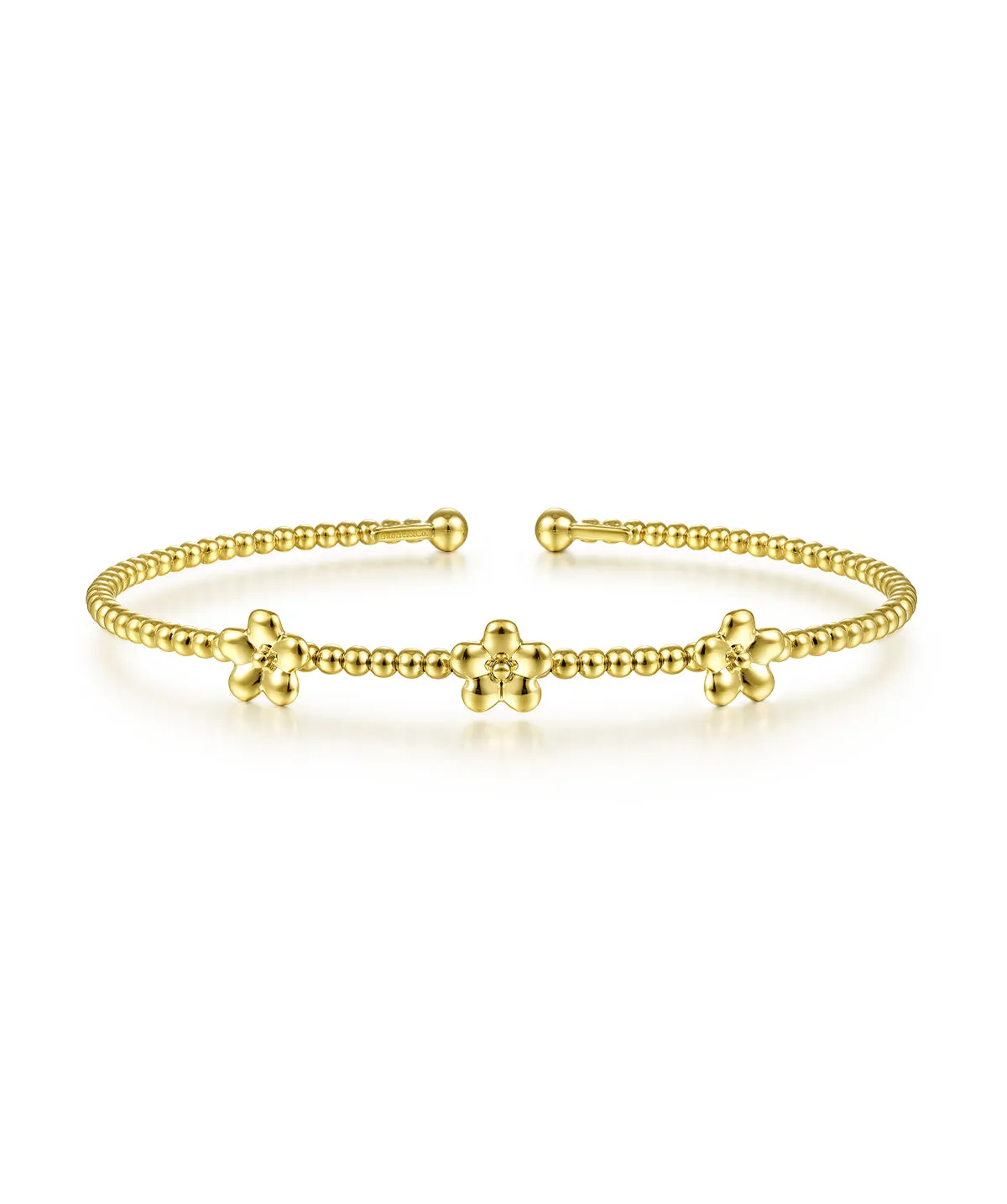 14K Yellow Gold Bujukan Bead Split Cuff Bracelet with Flower Stations