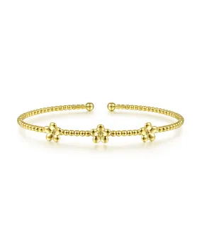 14K Yellow Gold Bujukan Bead Split Cuff Bracelet with Flower Stations