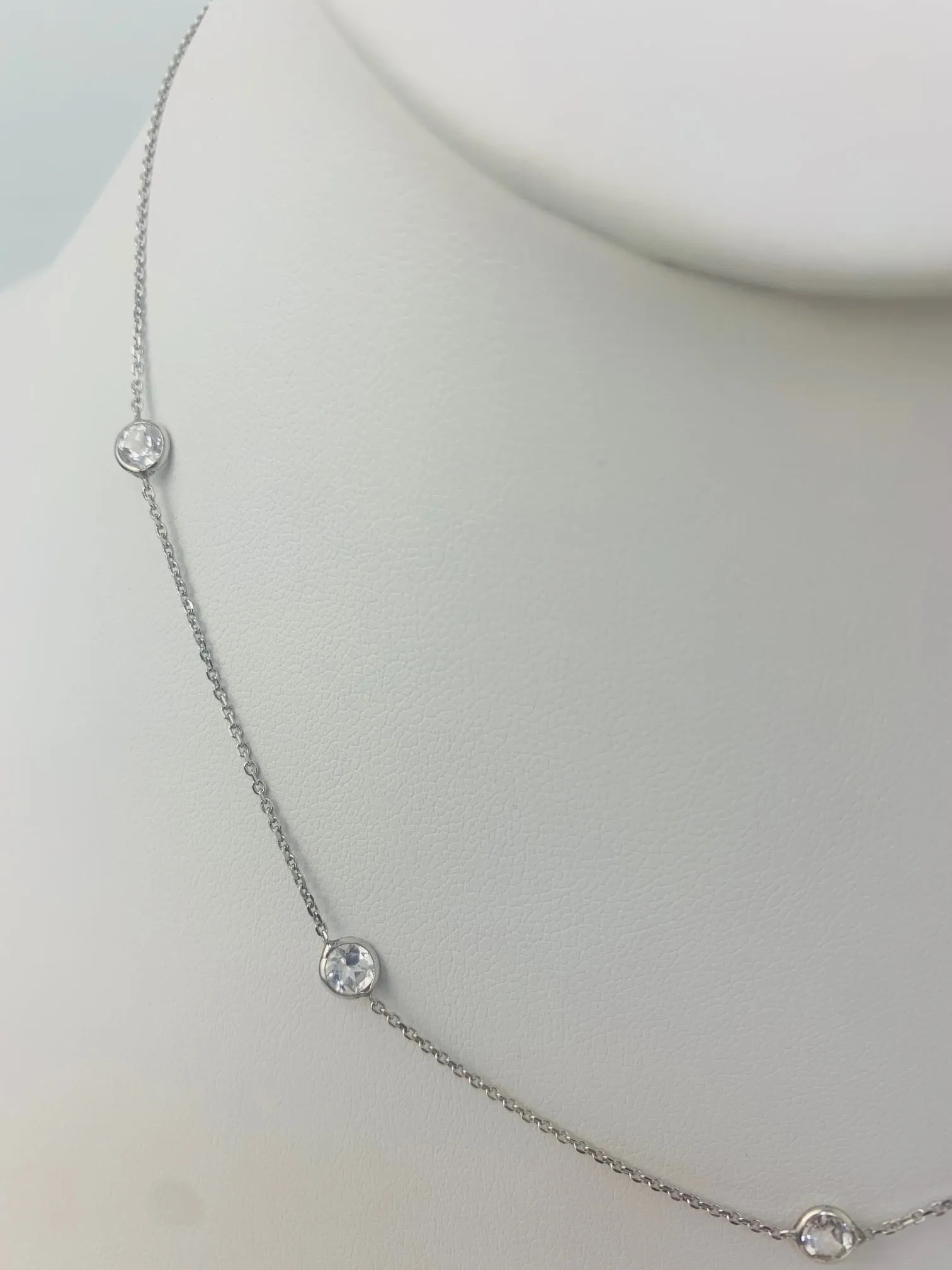 16" 4mm 7  Station Round Crystal Quartz Bezel Necklace in 14KW - NCK-164-BZGM14W-CQZ-16-4