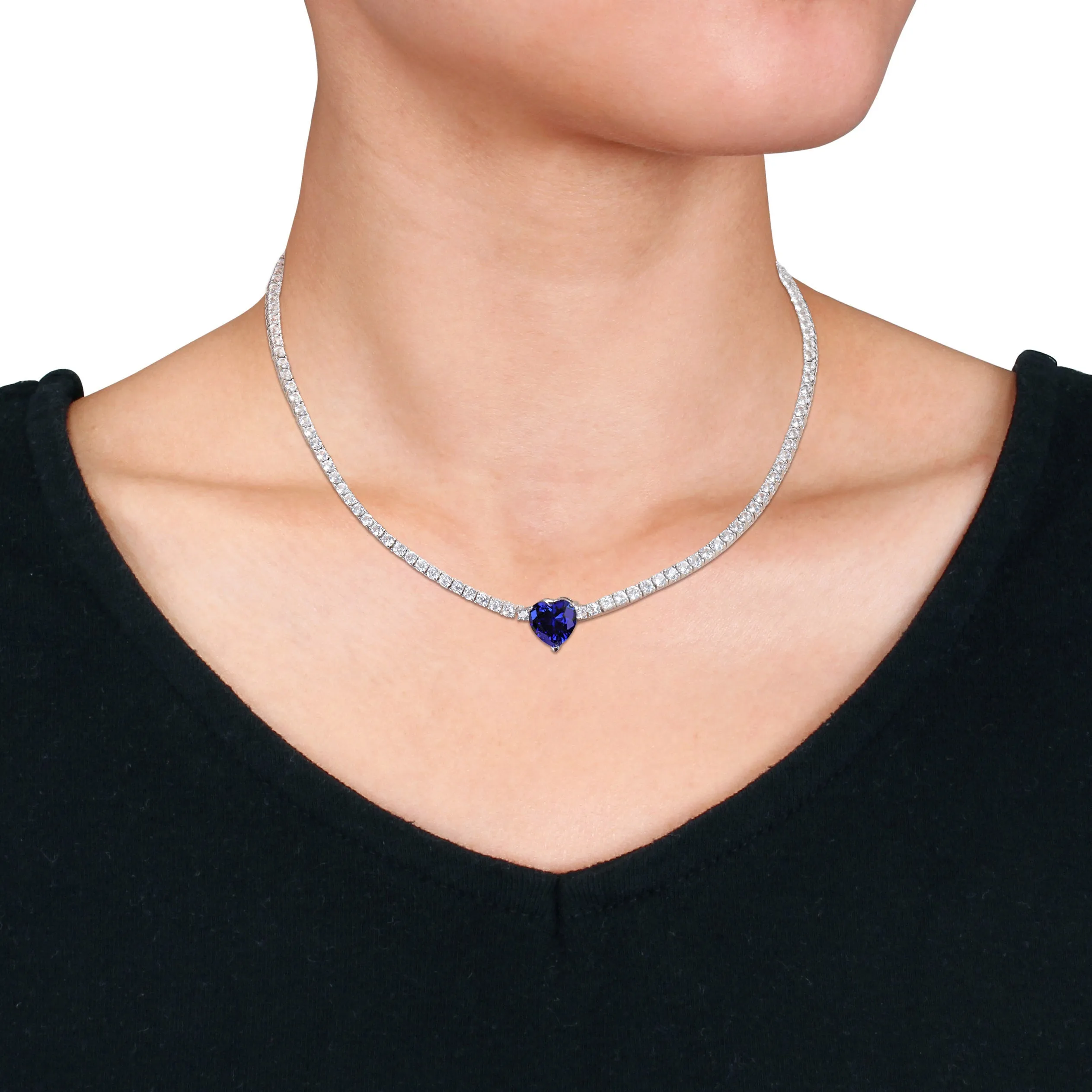 18 CT TGW Heart Shaped Created Blue Sapphire and Created White Sapphire Tennis Necklace in Sterling Silver