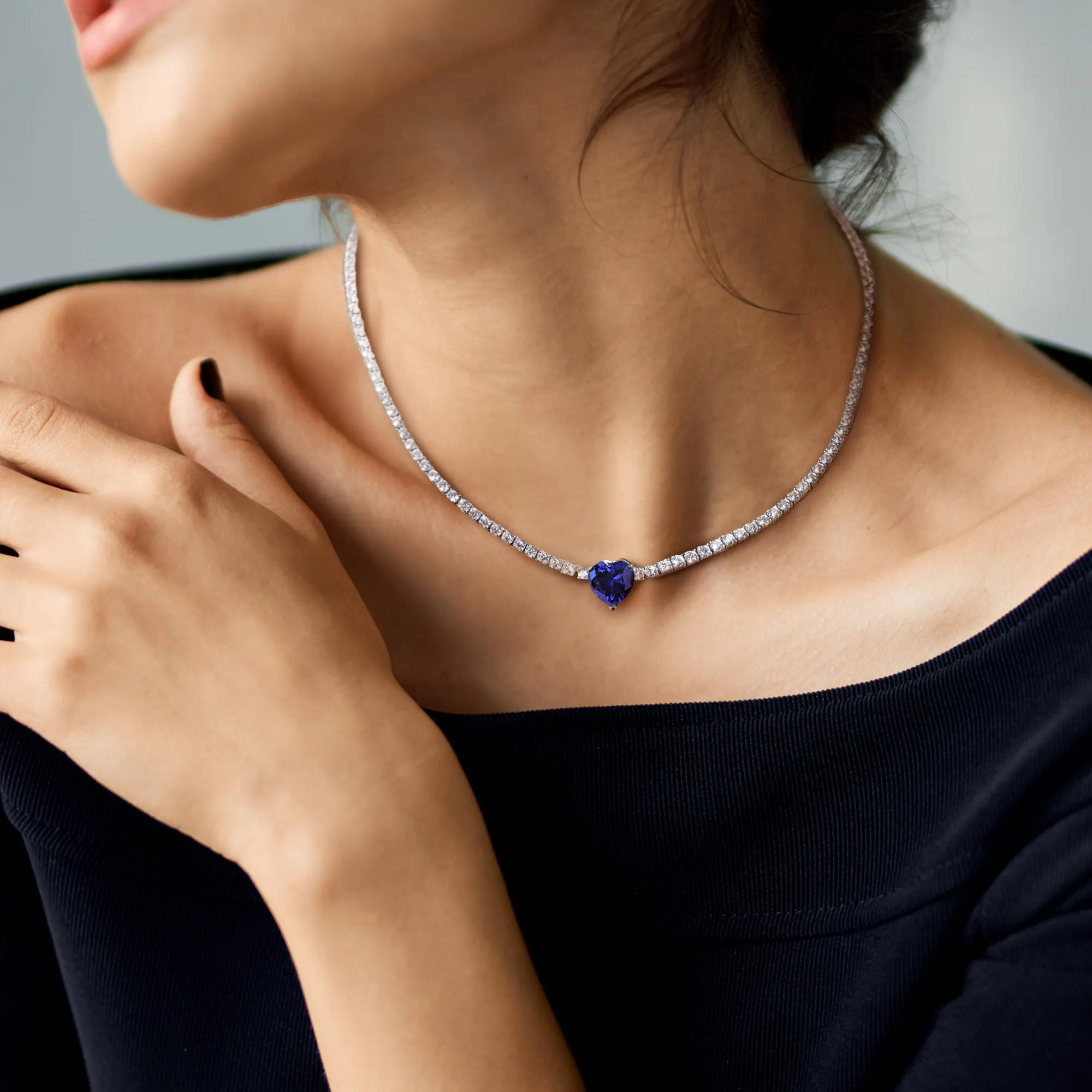 18 CT TGW Heart Shaped Created Blue Sapphire and Created White Sapphire Tennis Necklace in Sterling Silver