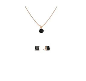18K Rose Gold 3ct Black Sapphire Round 18 Inch Necklace and Square Earrings Set Plated