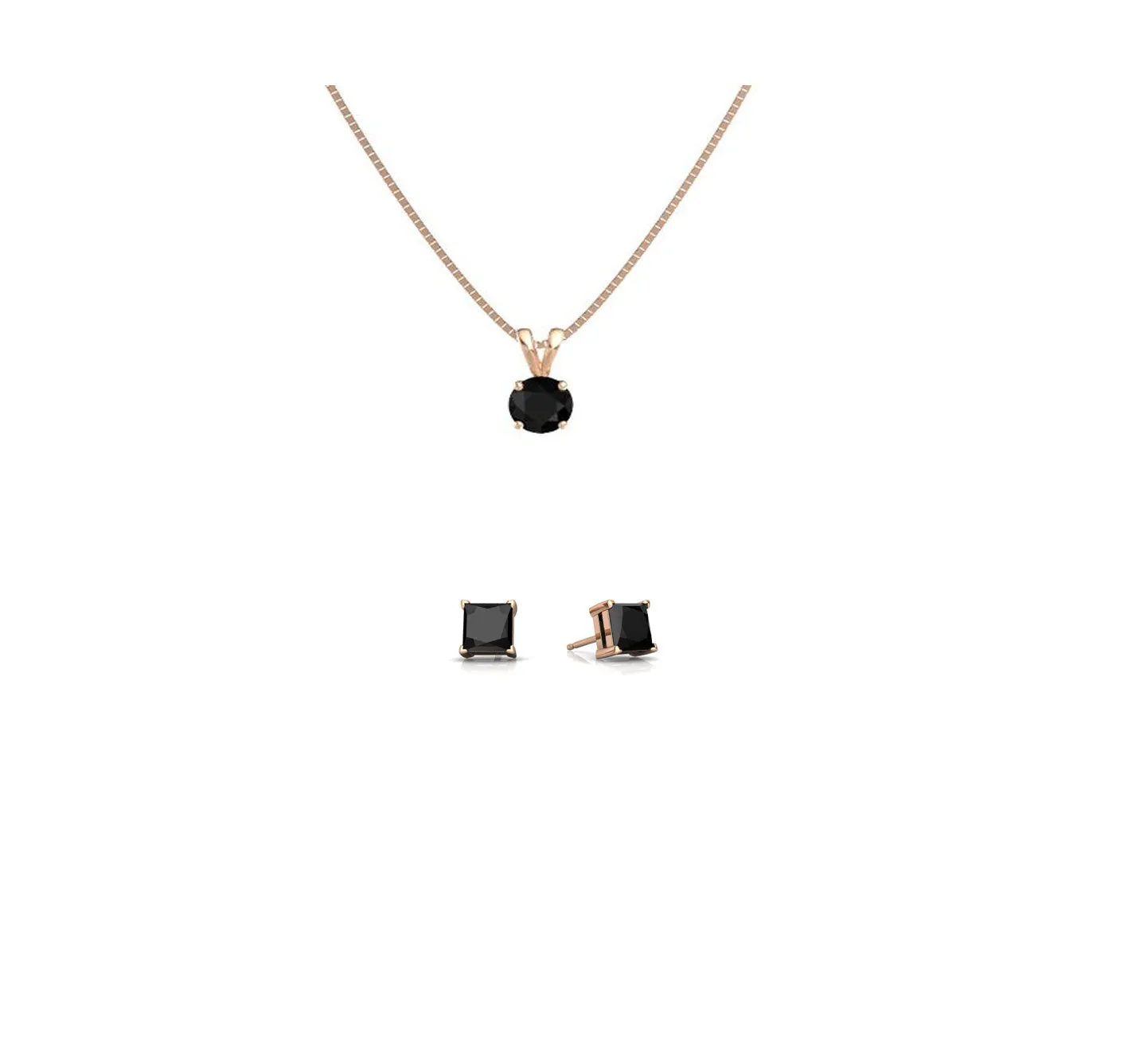 18K Rose Gold 3ct Black Sapphire Round 18 Inch Necklace and Square Earrings Set Plated