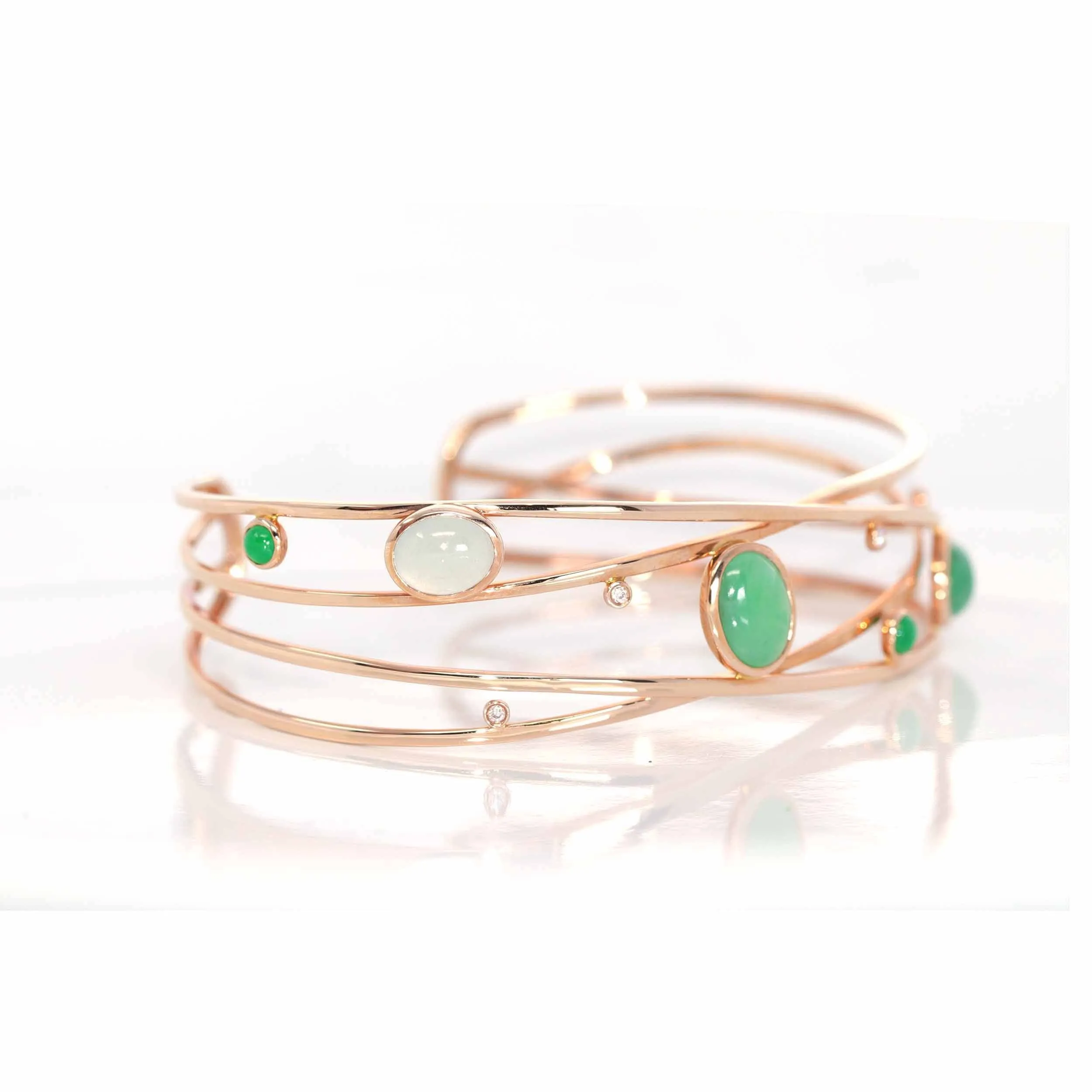 18k Rose Gold Oval Bracelet Bangle with Jadeite Jade & Diamonds