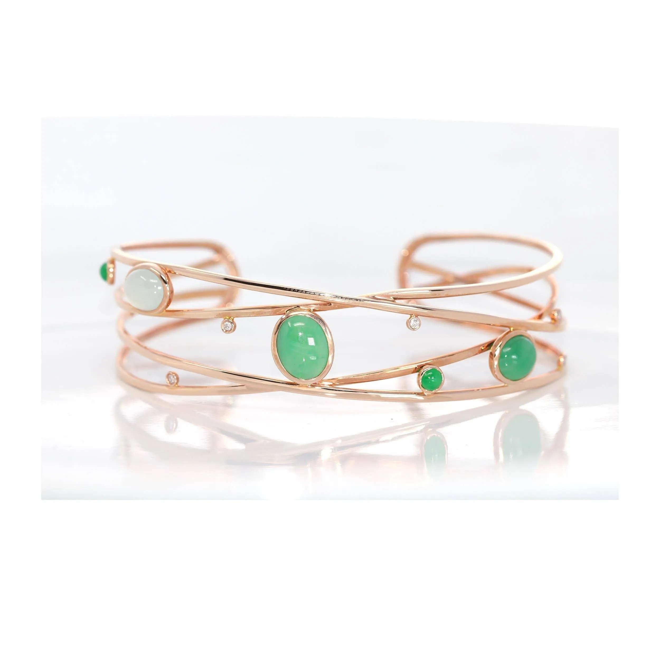 18k Rose Gold Oval Bracelet Bangle with Jadeite Jade & Diamonds