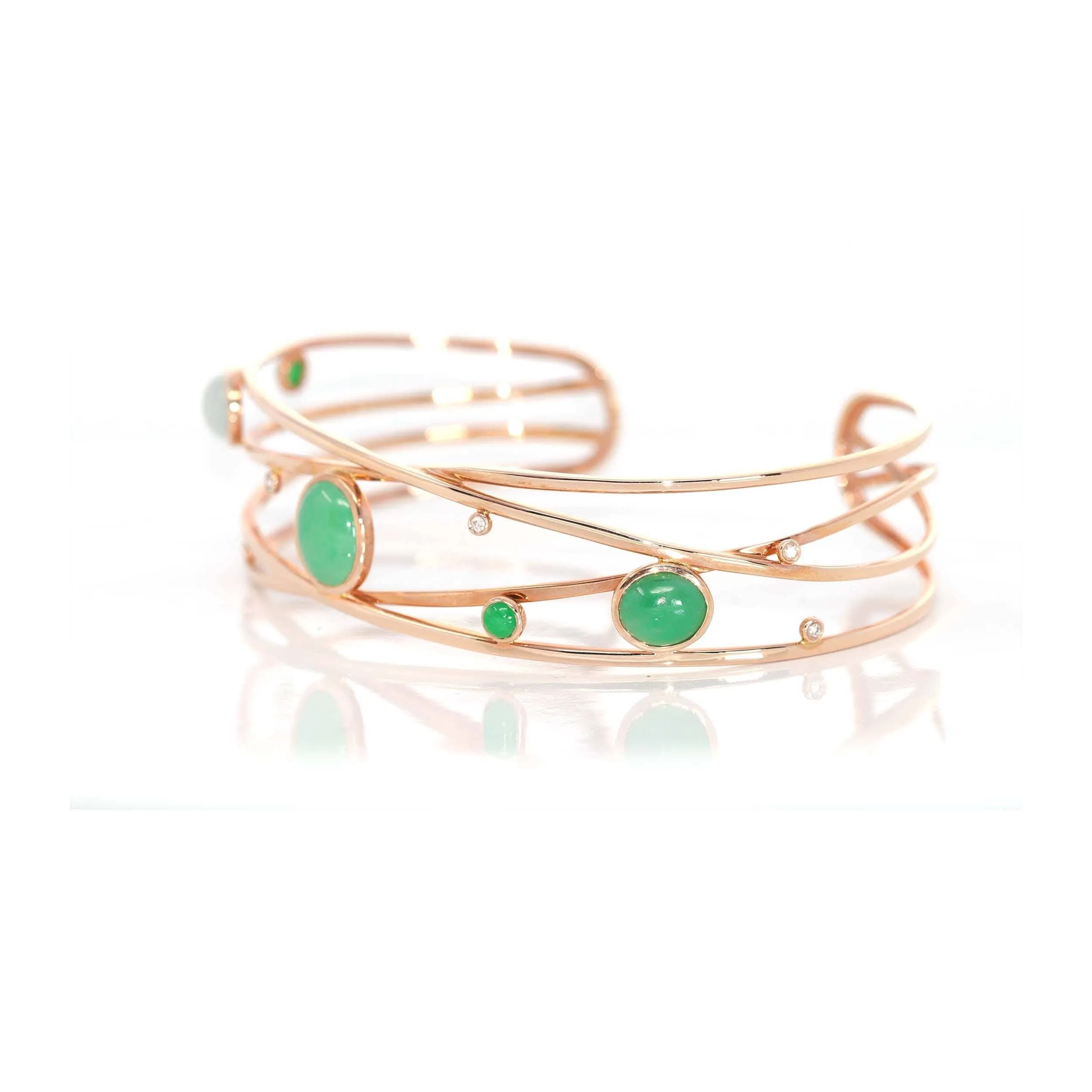 18k Rose Gold Oval Bracelet Bangle with Jadeite Jade & Diamonds