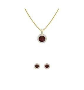 18K Yellow Gold 2ct Halo Garnet Round 18 Inch Necklace and Halo Earrings Set Plated
