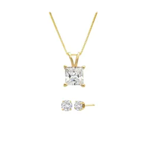 18K Yellow Gold 2ct White Sapphire Princess Cut 18 Inch Necklace and Round Earrings Set Plated