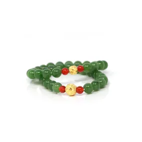 24K Pure Yellow Gold Money Bead With Genuine Green Jade Round Beads Bracelet Bangle ( 8 mm )