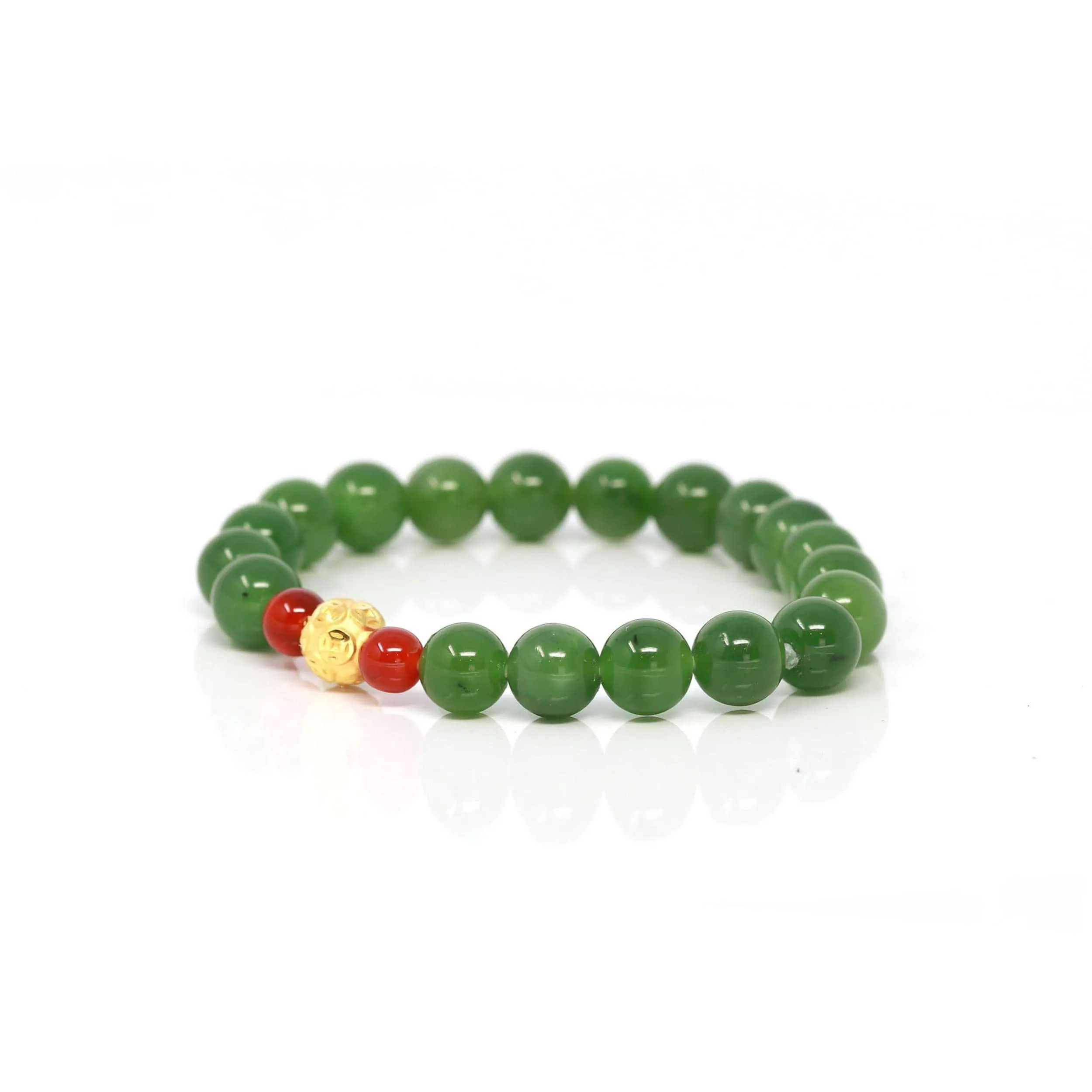 24K Pure Yellow Gold Money Bead With Genuine Green Jade Round Beads Bracelet Bangle ( 8 mm )