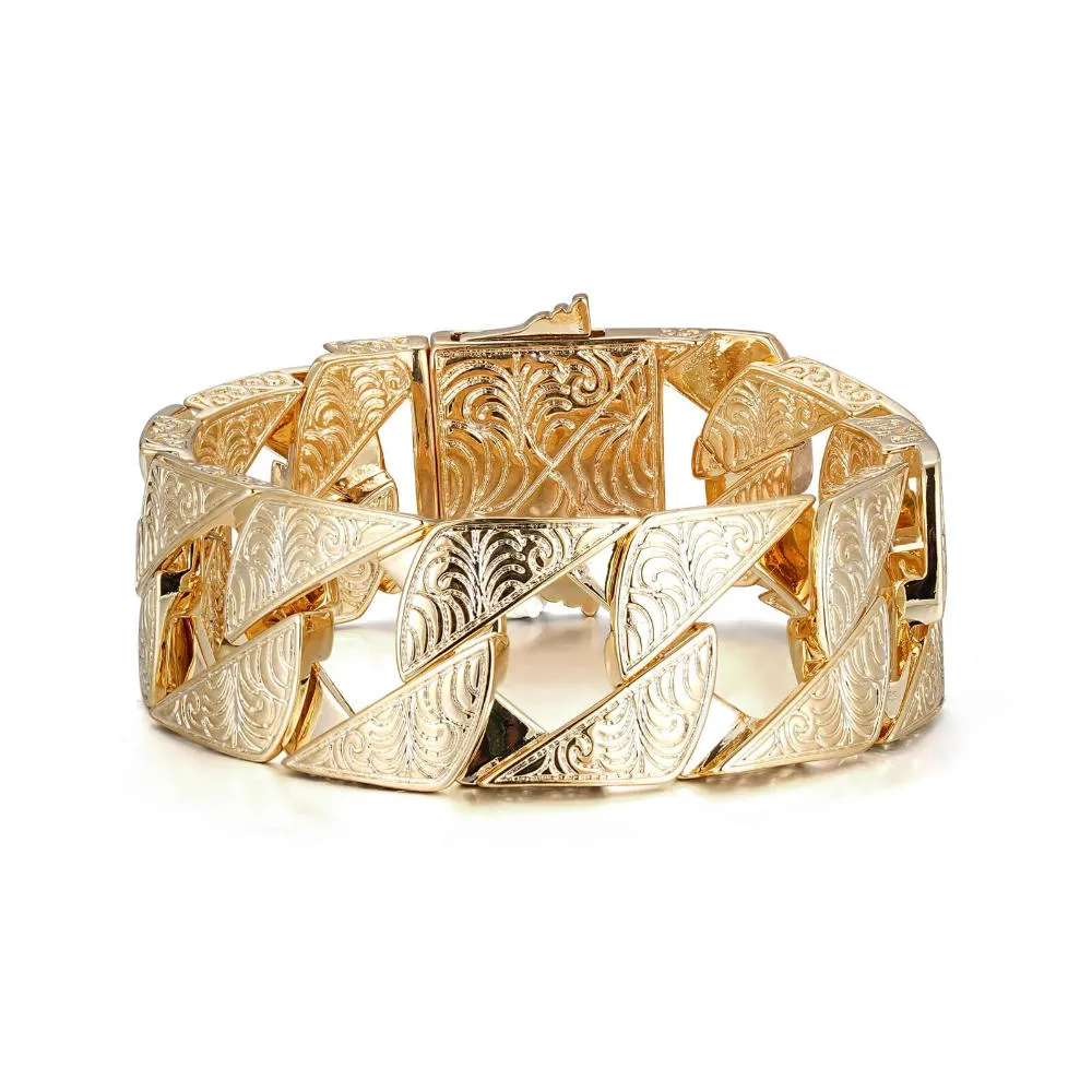 26mm Gold Ornate Chaps Cuban Curb Bracelet 9 Inch