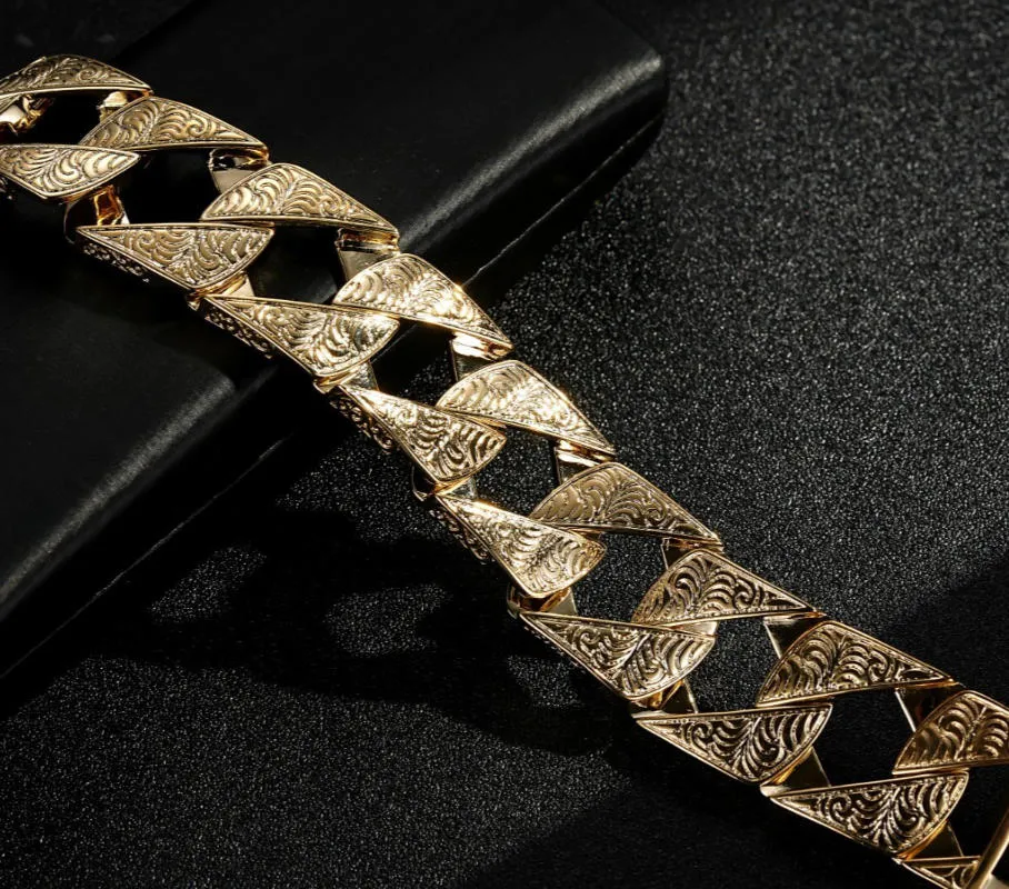 26mm Gold Ornate Chaps Cuban Curb Bracelet 9 Inch
