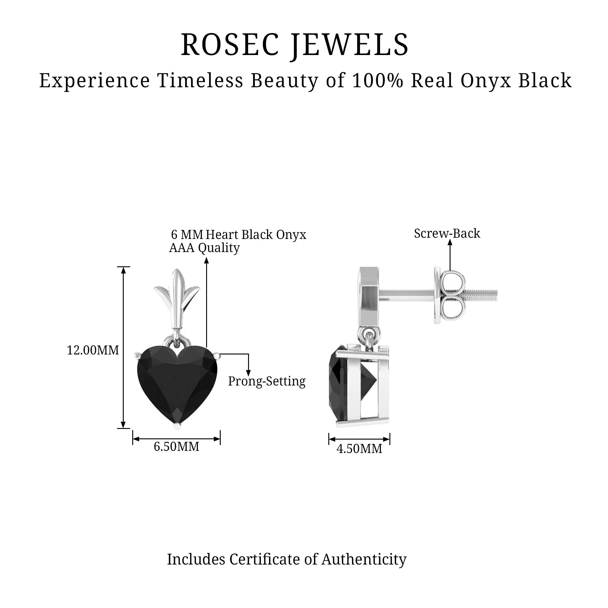 6 MM Heart Shape Black Onyx Drop Stud Earrings