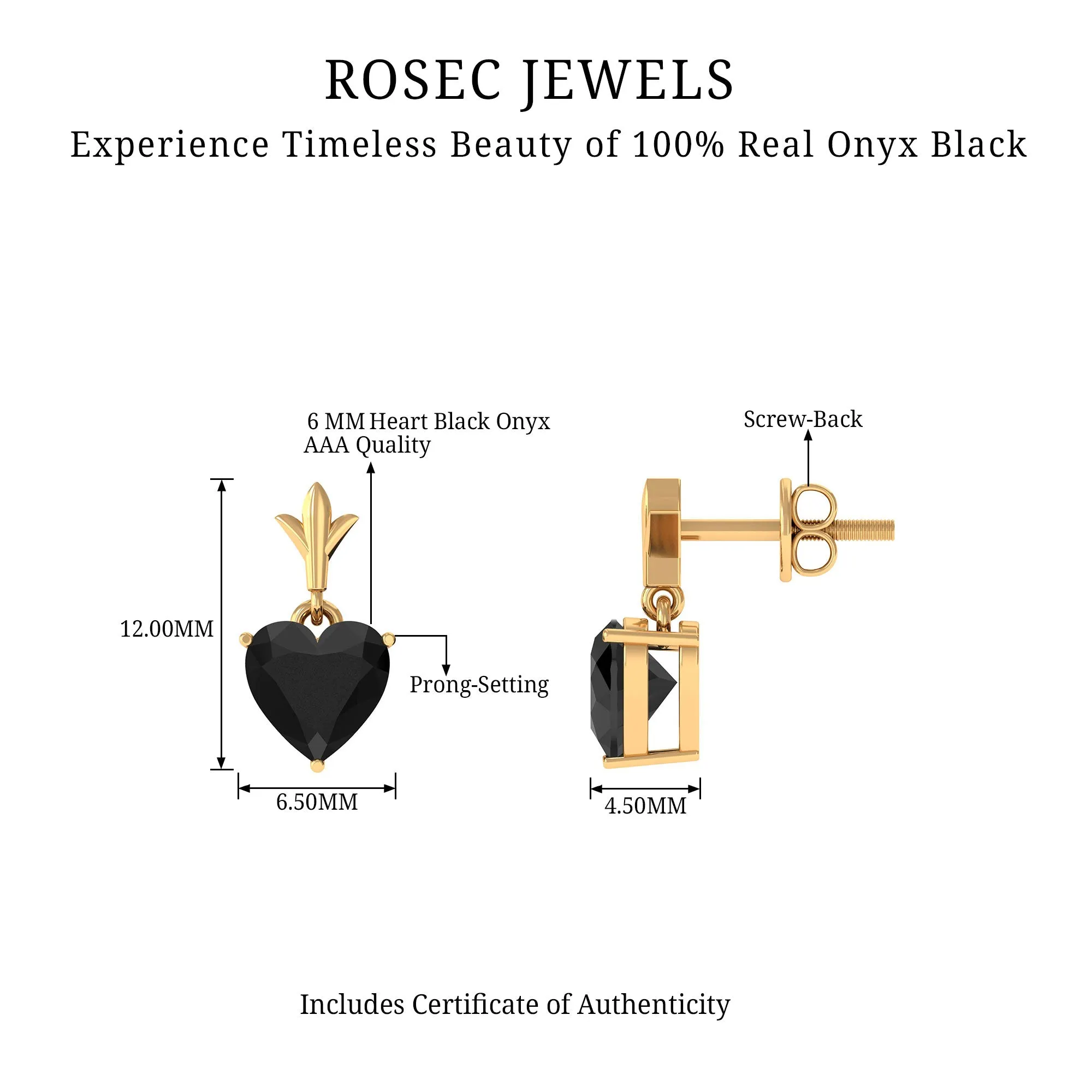 6 MM Heart Shape Black Onyx Drop Stud Earrings