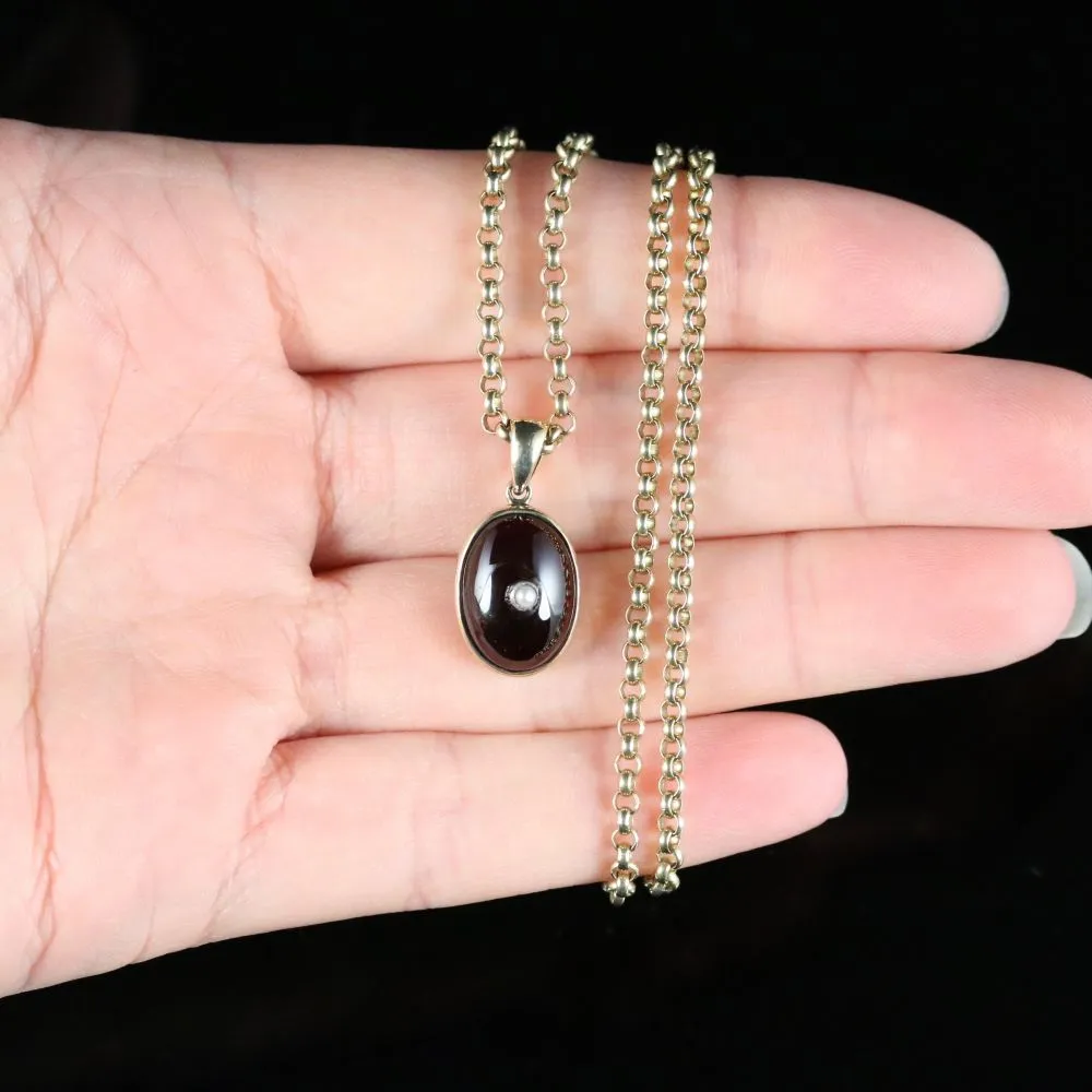 Antique Victorian Garnet Pendant And Chain 9Ct Gold