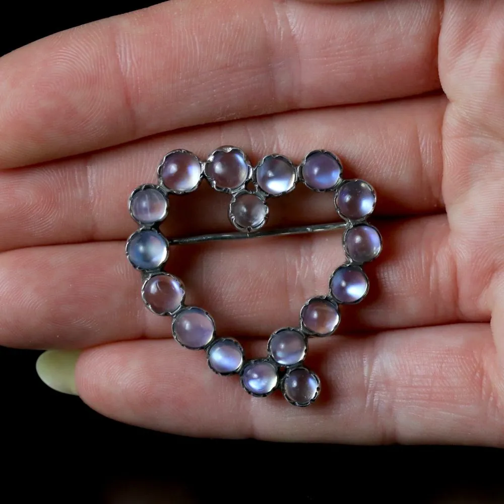 Antique Victorian Moonstone Witches Heart Brooch Circa 1880