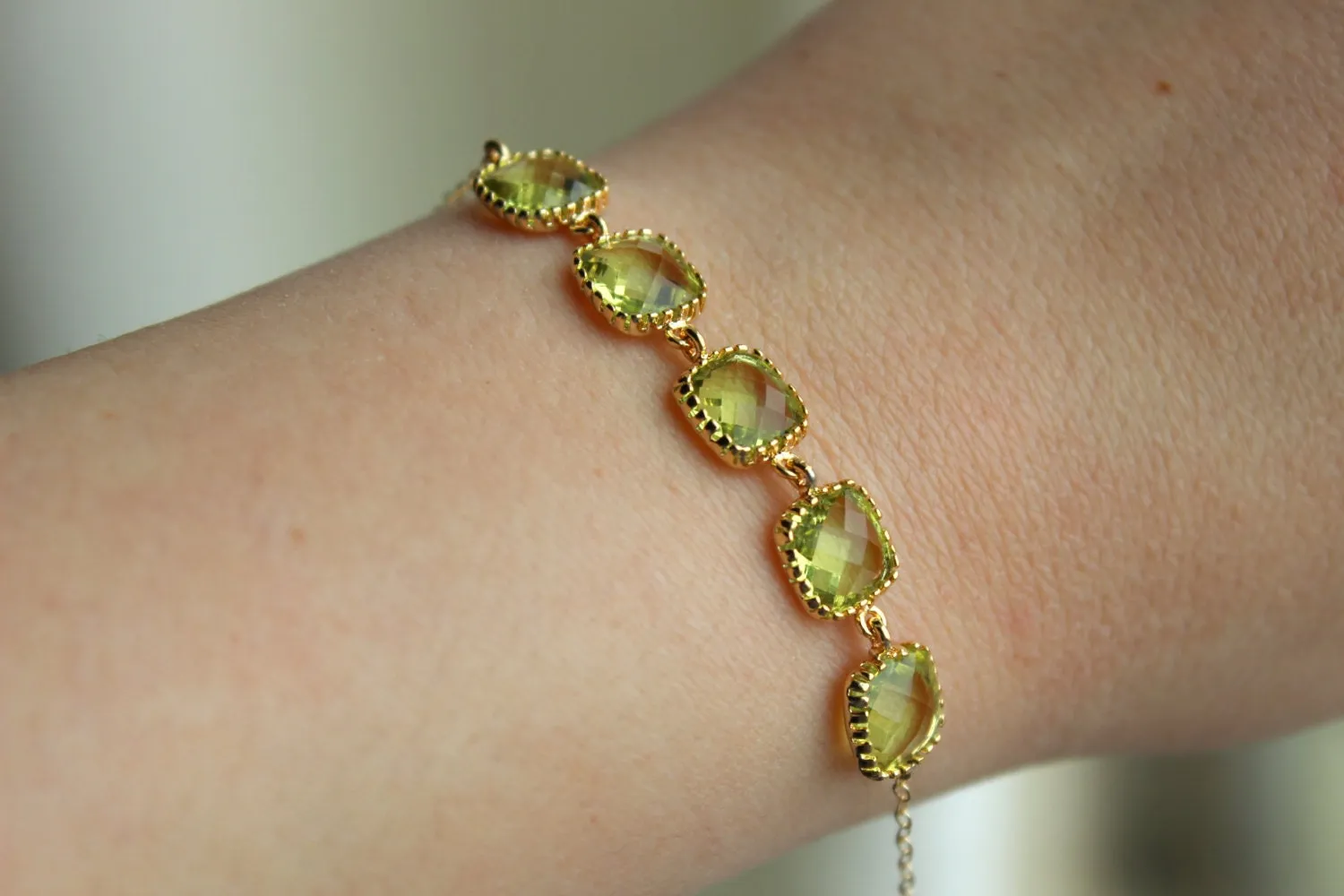 Apple Green Peridot Bracelet Gold Plated Green Bracelet - Christmas Gift Bridesmaid Bracelet - Bridal Bracelet Peridot Green Wedding Jewelry