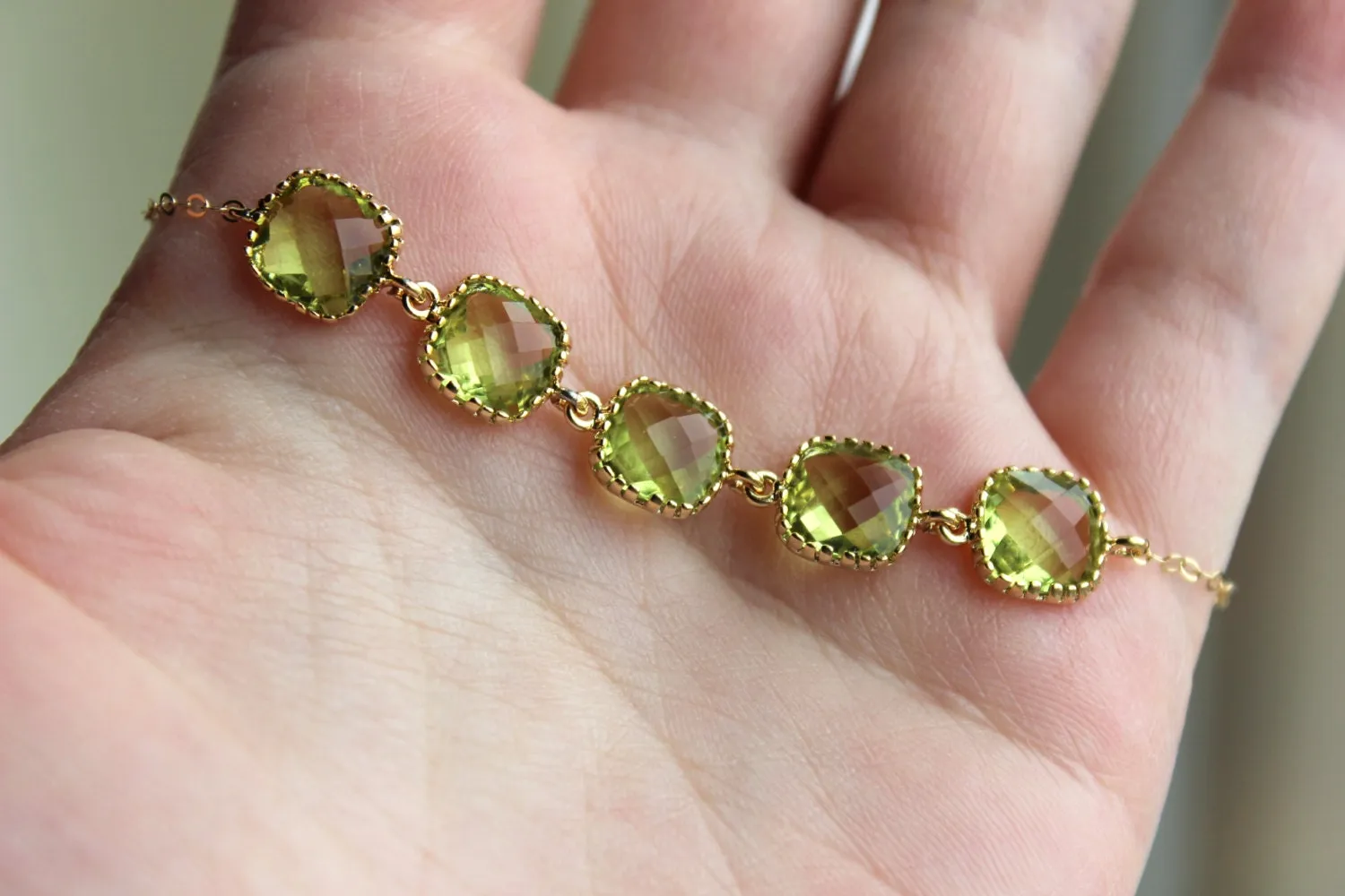 Apple Green Peridot Bracelet Gold Plated Green Bracelet - Christmas Gift Bridesmaid Bracelet - Bridal Bracelet Peridot Green Wedding Jewelry