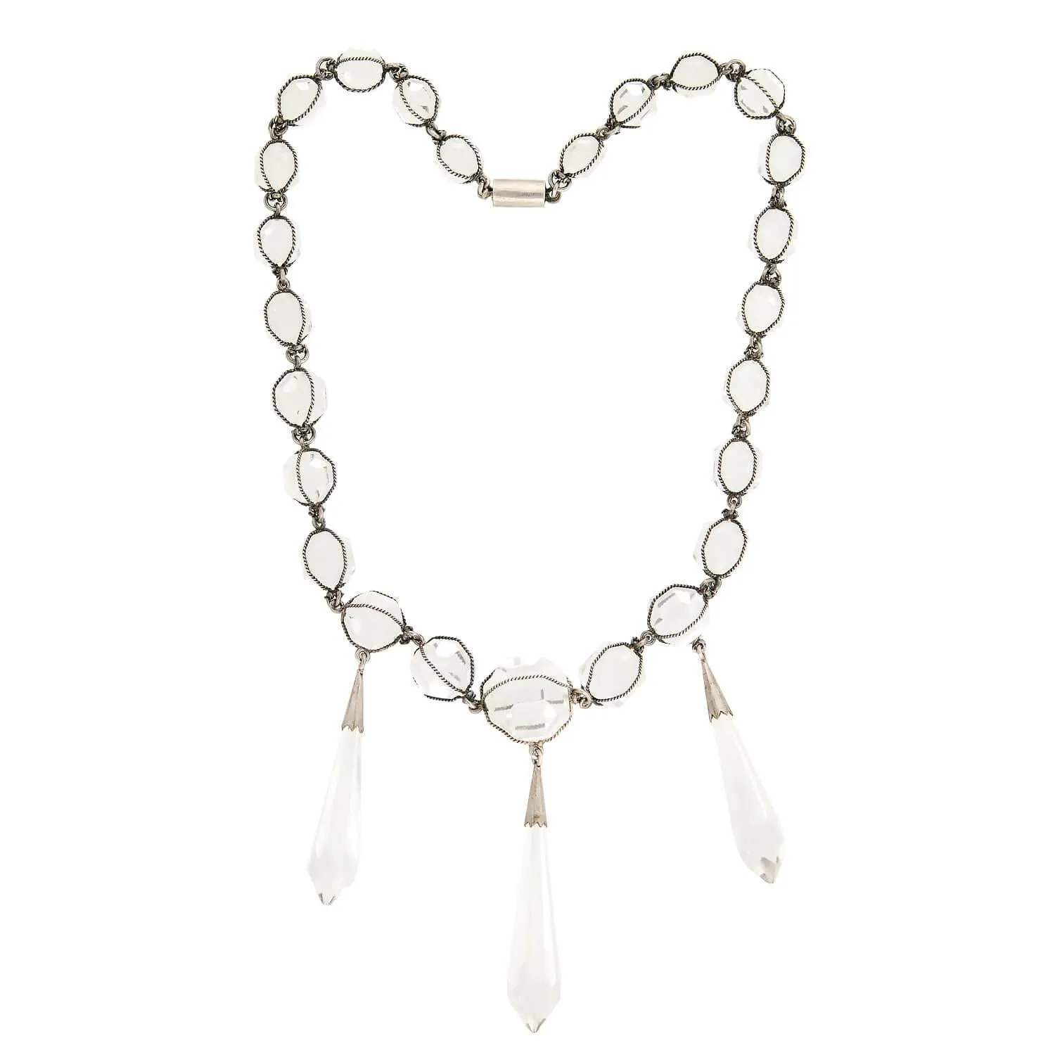 Art Deco Sterling Silver Rock Quartz Crystal Caged Festoon Necklace