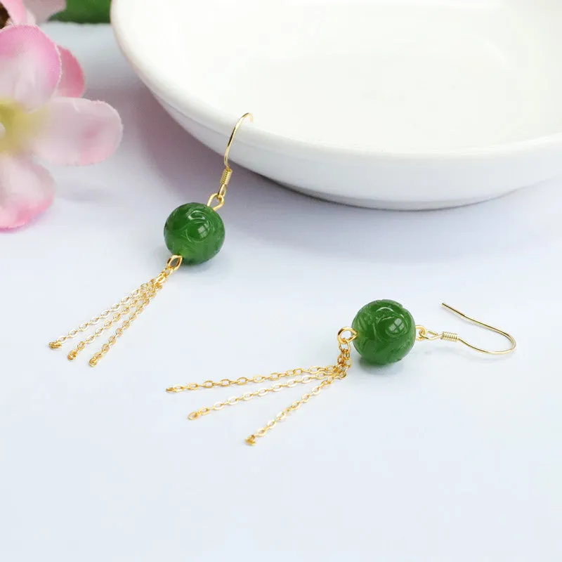 Auspicious Cloudscape Sterling Silver Jade Earrings with Green Tassel