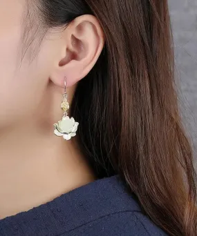 Beautiful White Sterling Silver Jade Lotus Drop Earrings LY8628