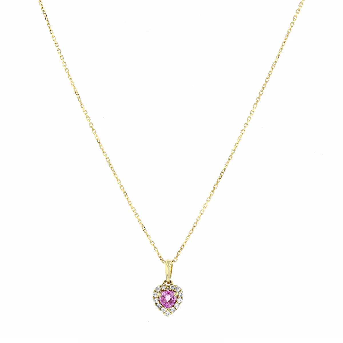 Bijou Collection Petite Pink Sapphire & Diamond Heart Halo Pendant | 9K Yellow Gold