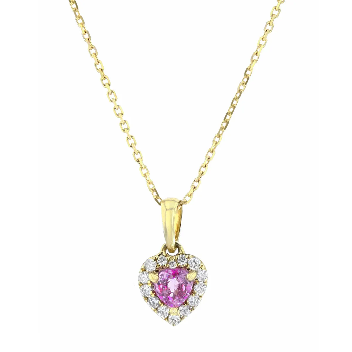 Bijou Collection Petite Pink Sapphire & Diamond Heart Halo Pendant | 9K Yellow Gold