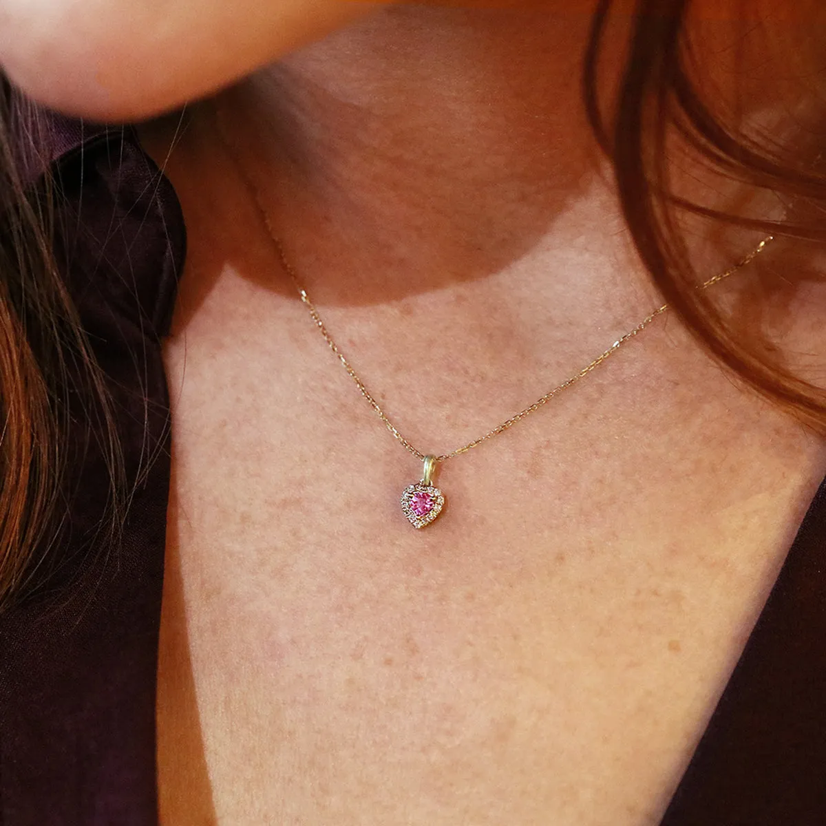 Bijou Collection Petite Pink Sapphire & Diamond Heart Halo Pendant | 9K Yellow Gold