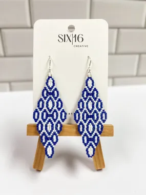 Blue and White Scalloped Diamond Beaded Earrings