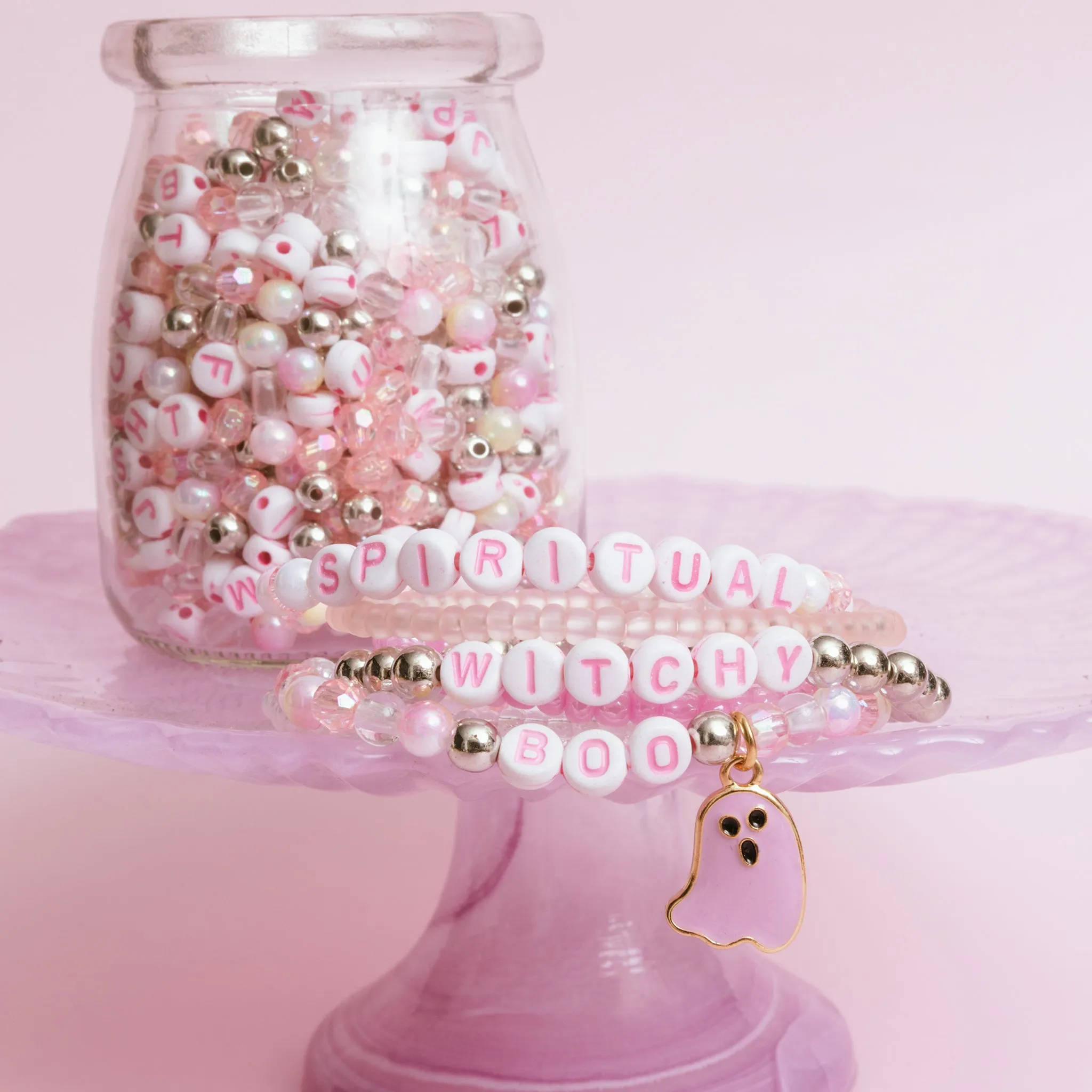 BOO Pastel Pink Letter Bead & Ghost Charm DIY Bead Jar