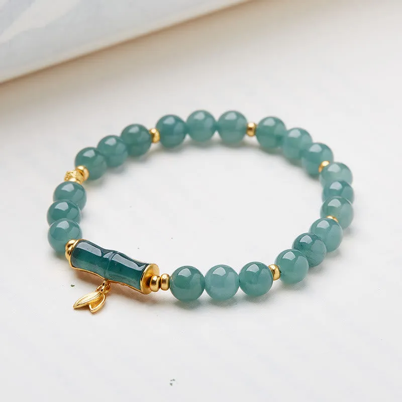Buddha Stones 925 Sterling Silver Plated Gold Natural Green Jade Bamboo Charm Luck Bracelet