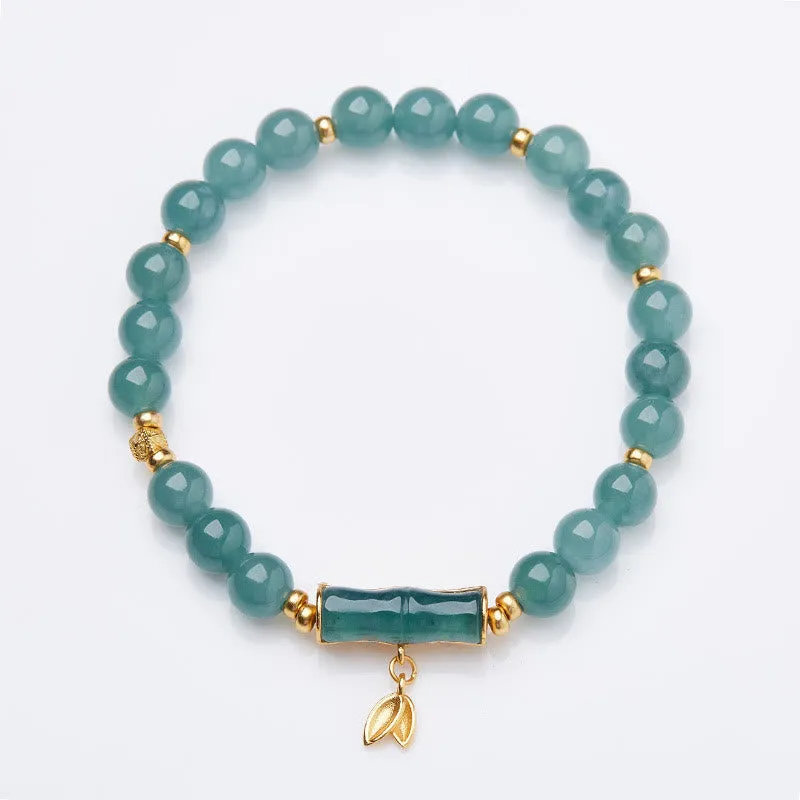 Buddha Stones 925 Sterling Silver Plated Gold Natural Green Jade Bamboo Charm Luck Bracelet
