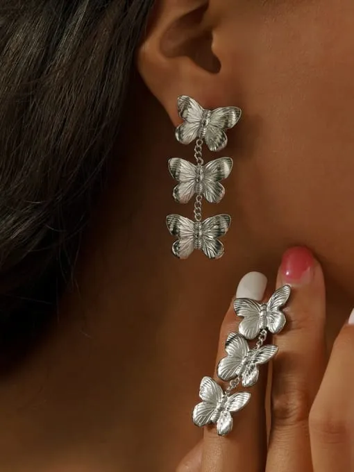 Butterfly Earrings Luxury Fashion Long Dangle Statement Three Butterfly Stainless Steel 18K Gold Plated