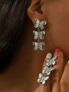 Butterfly Earrings Luxury Fashion Long Dangle Statement Three Butterfly Stainless Steel 18K Gold Plated