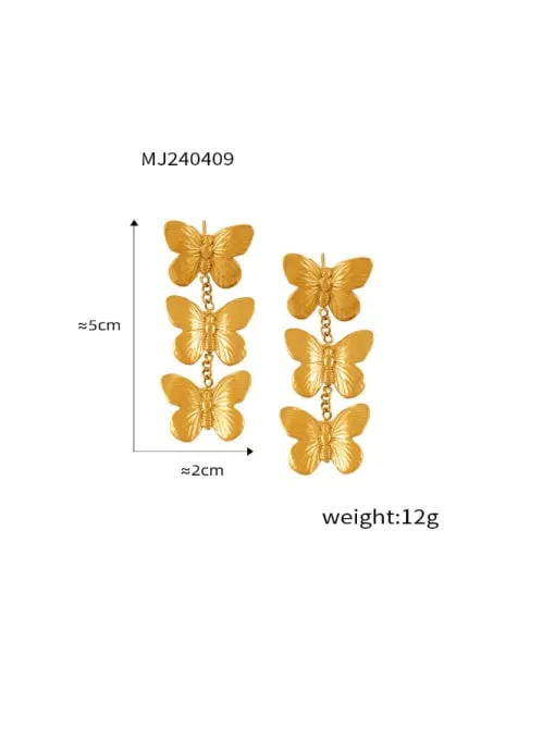 Butterfly Earrings Luxury Fashion Long Dangle Statement Three Butterfly Stainless Steel 18K Gold Plated