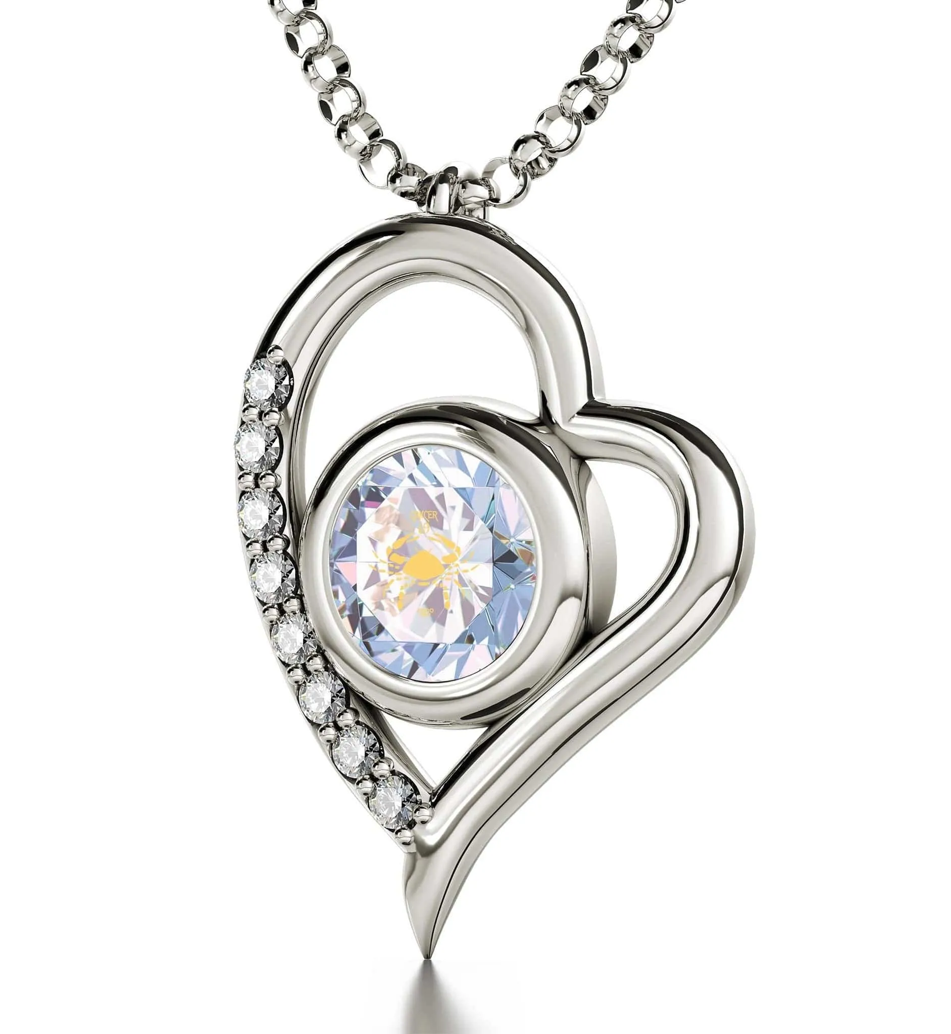 Cancer Sign, 14k White Gold Diamonds Necklace, Swarovski