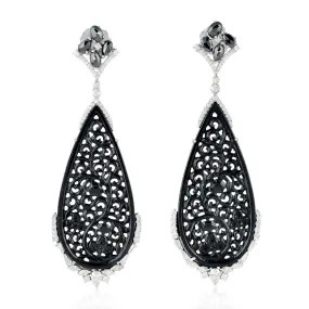 Carved Jade Pave Diamond Filigree Wedding Drop Dangler In 18k White Gold