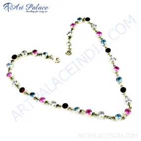 Colorful CZ Silver Necklace with Blue Topaz, Garnet, and Pink White Cubic Zirconia Gemstones