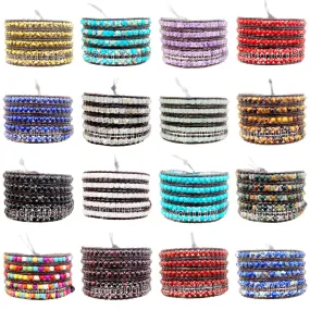Colorful Hand Made Mixed Crystal and Gemstones Beads 5 Wrap Leather Bracelet