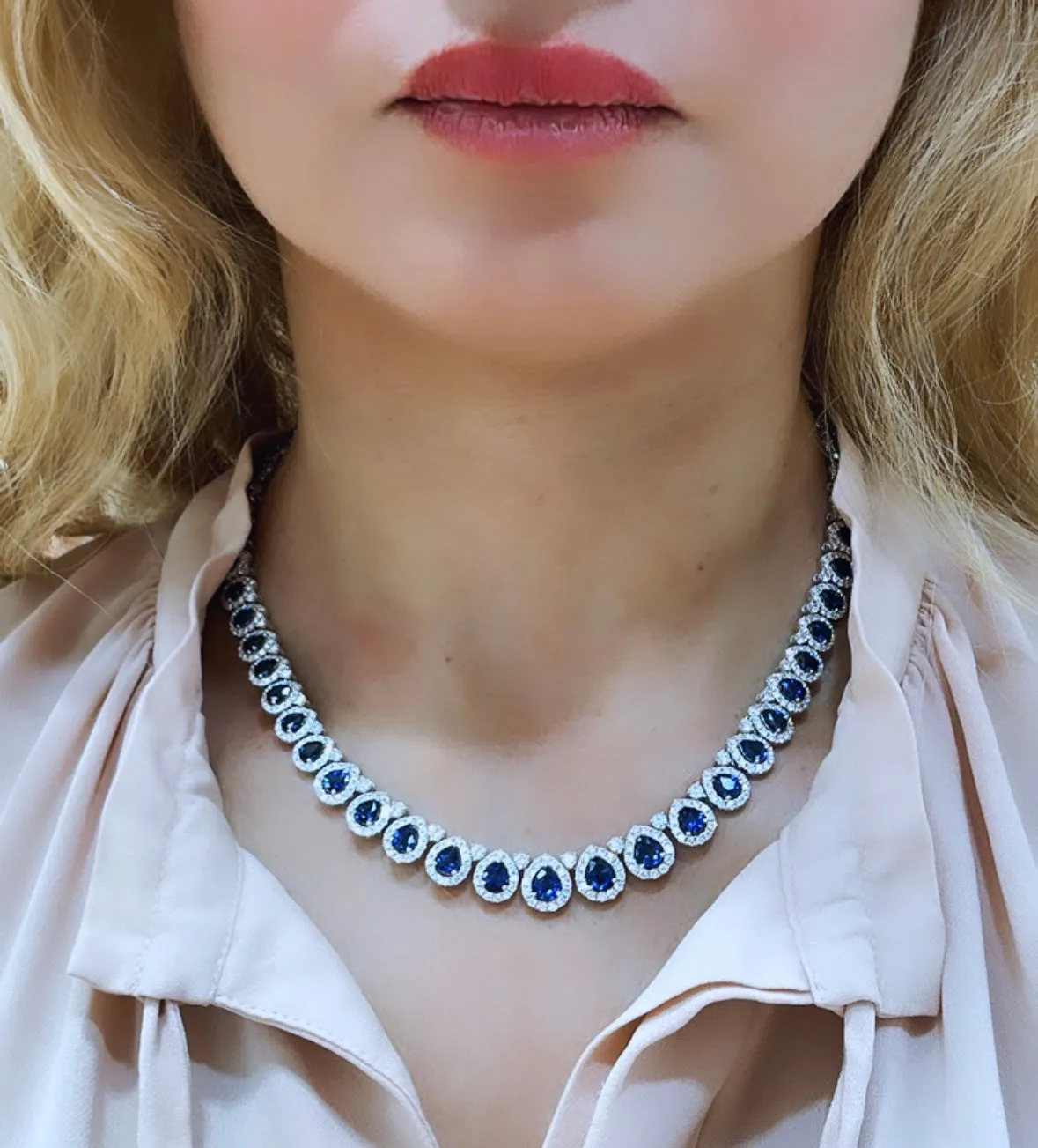 Copy of 27.65carat Pear shape Diamond and Royal Blue Sapphire Statement Necklace