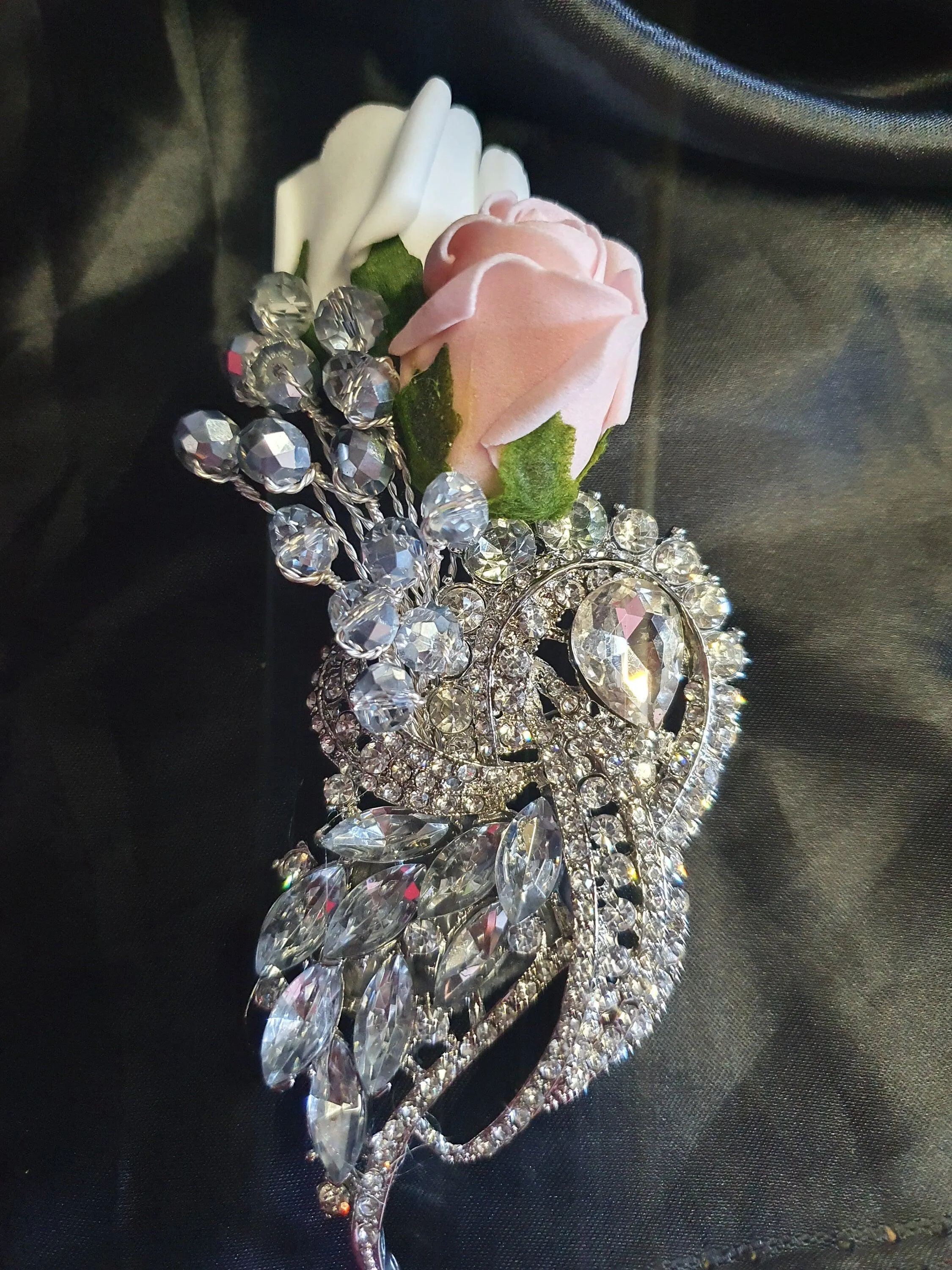 Crystal brooch buttonhole with crystals & Foam roses by Crystal wedding uk