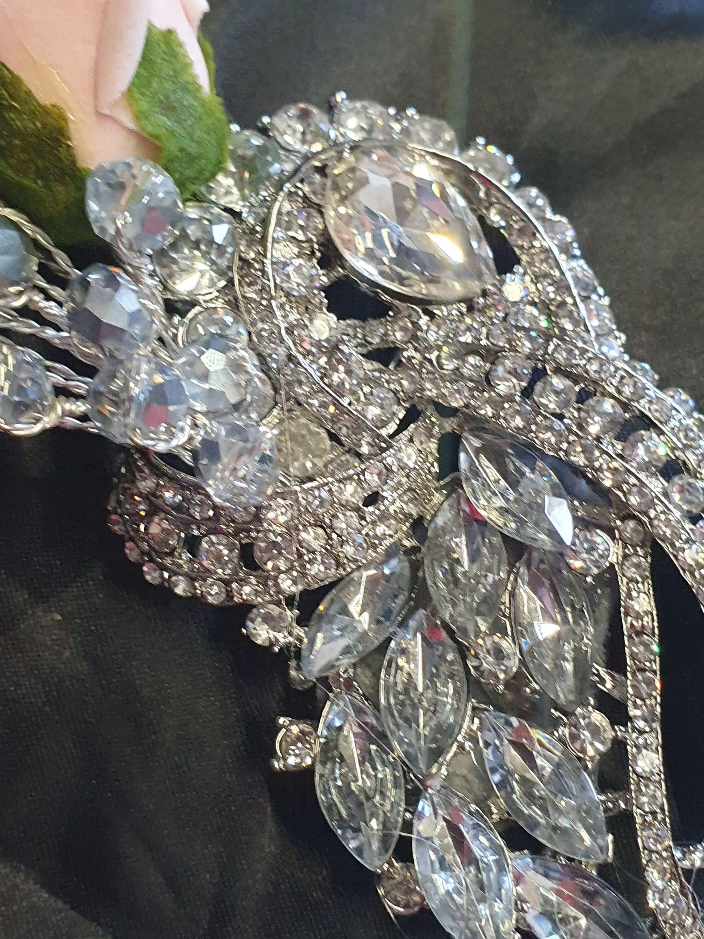 Crystal brooch buttonhole with crystals & Foam roses by Crystal wedding uk