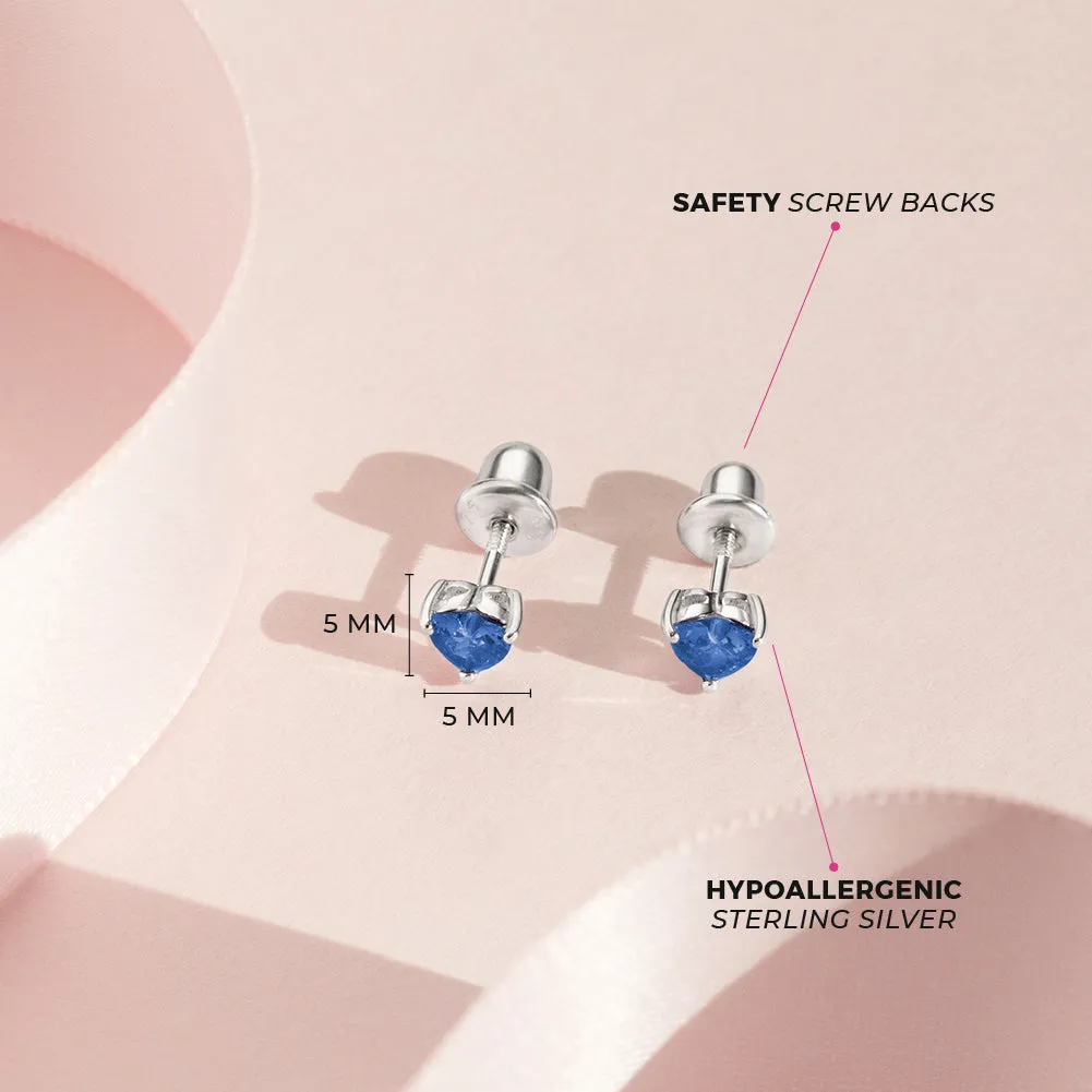 CZ Heart Solitaire 4mm Baby / Toddler / Kids Earrings Screw Back - Sterling Silver