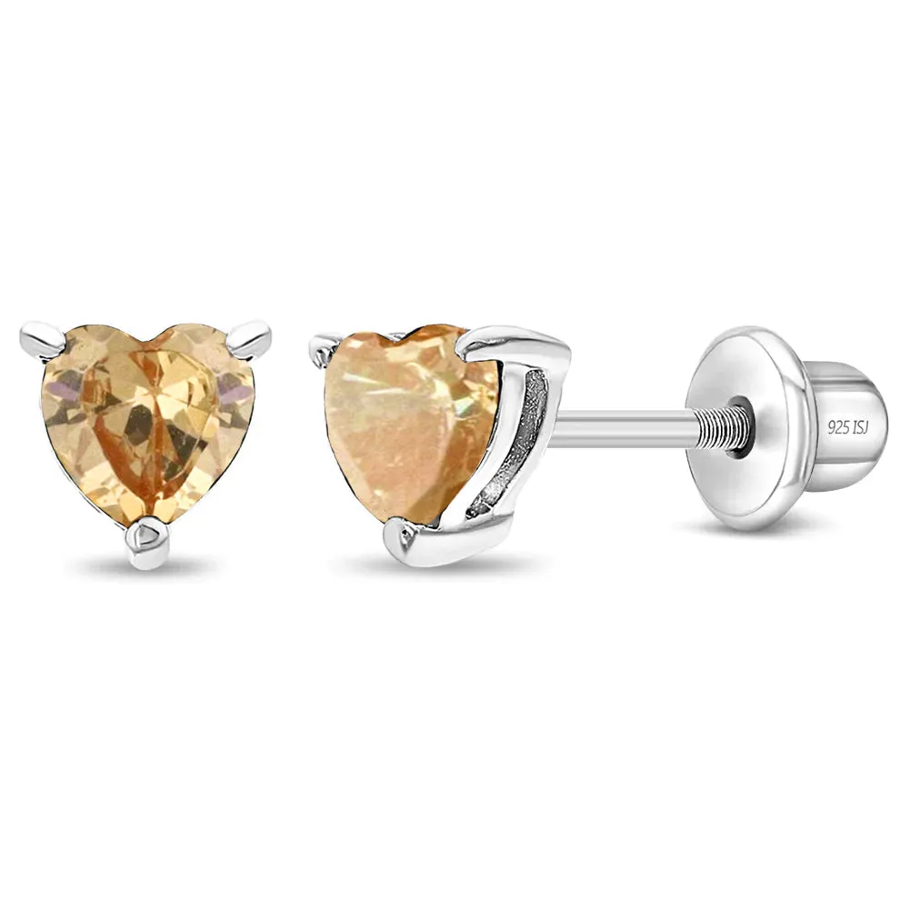 CZ Heart Solitaire 4mm Baby / Toddler / Kids Earrings Screw Back - Sterling Silver