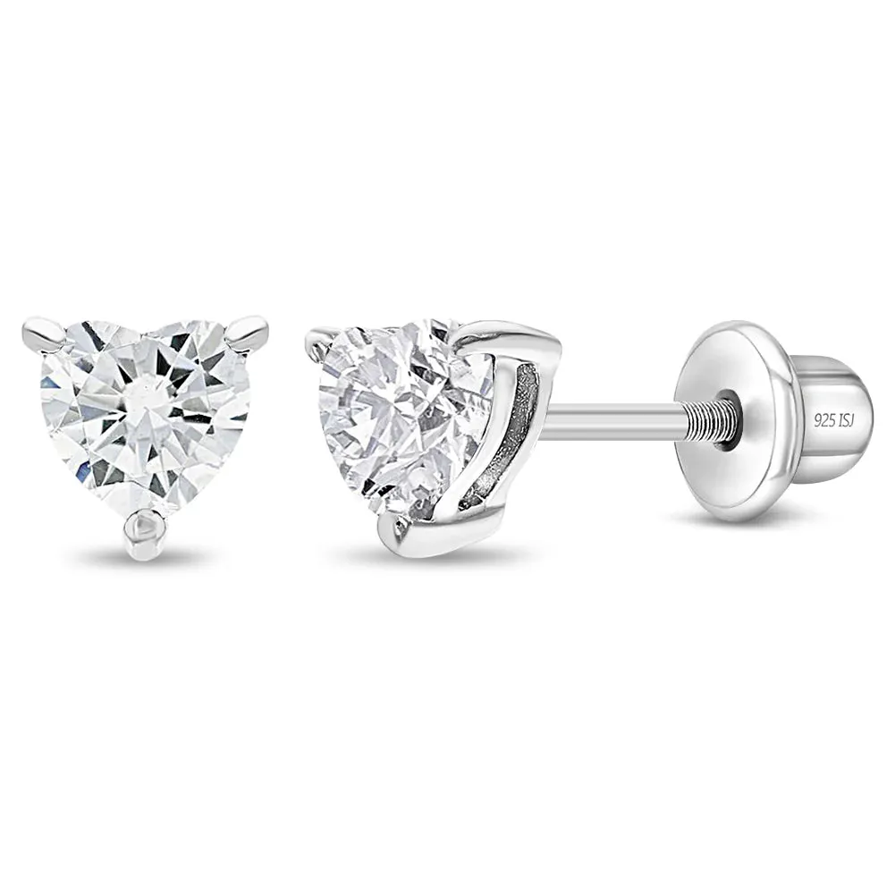CZ Heart Solitaire 4mm Baby / Toddler / Kids Earrings Screw Back - Sterling Silver