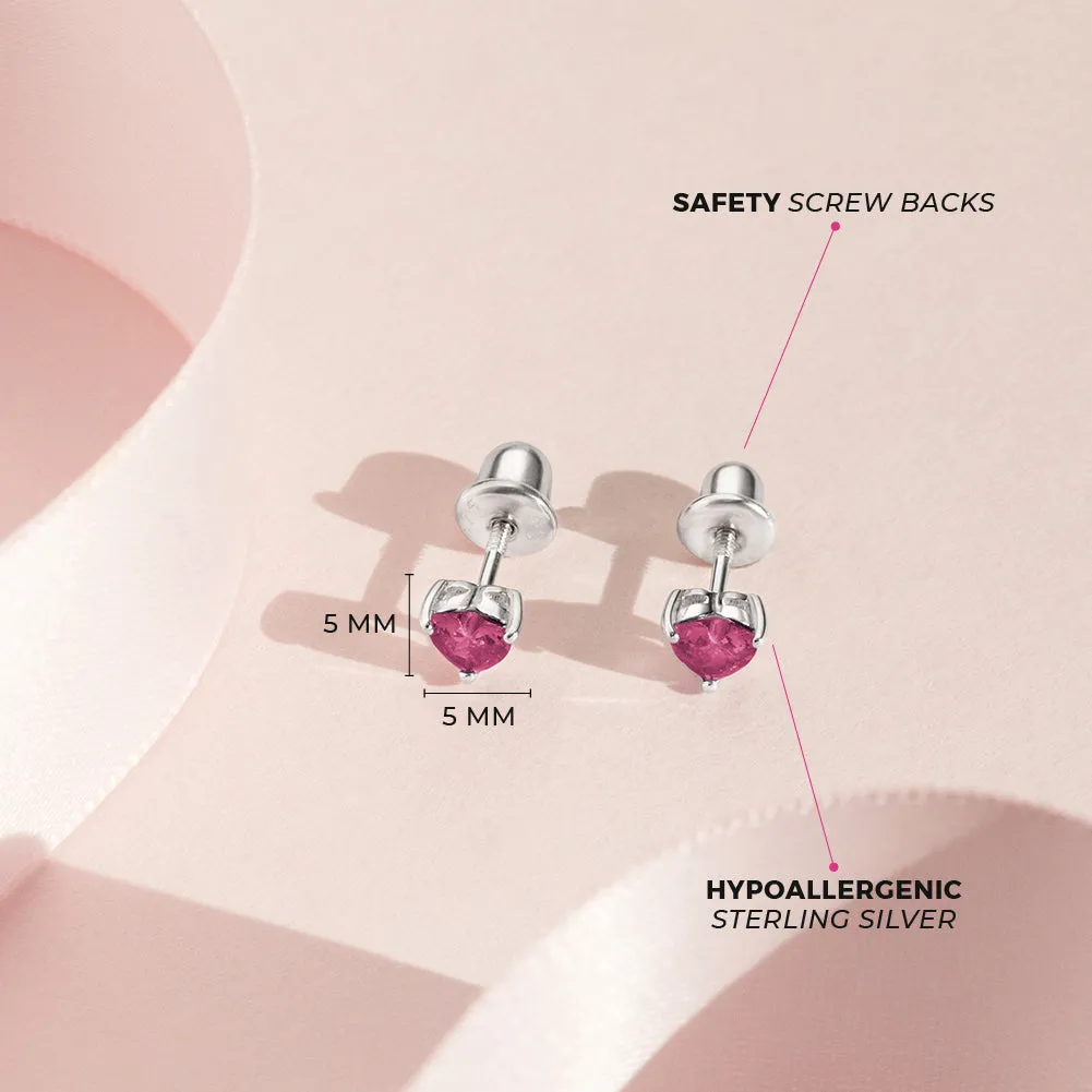 CZ Heart Solitaire 4mm Baby / Toddler / Kids Earrings Screw Back - Sterling Silver