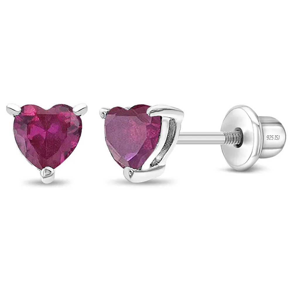 CZ Heart Solitaire 4mm Baby / Toddler / Kids Earrings Screw Back - Sterling Silver