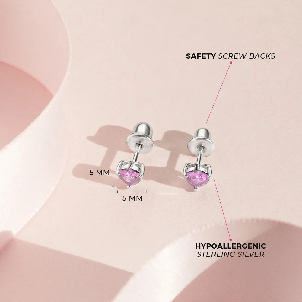 CZ Heart Solitaire 4mm Baby / Toddler / Kids Earrings Screw Back - Sterling Silver